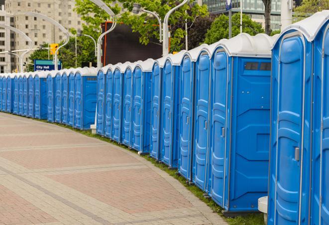 a line of spacious and well-maintained portable restrooms in Alhambra